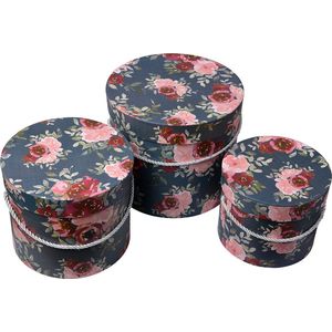 Clayre & Eef Opbergdoos Set van 3 Ø 23x20 / Ø 20x17 / Ø 17x14 cm Roze Karton Rond Bloemen