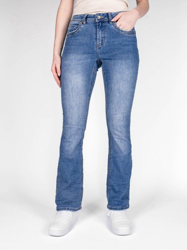 Red Button Cropped Slim Fit Jeans Babette Medium Blue Denim