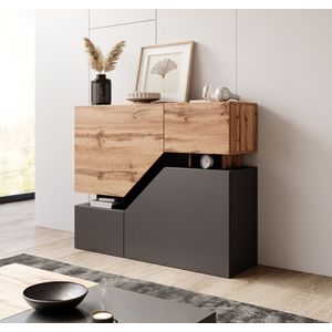 Meubella - Dressoir Canberra - Eiken - Antraciet - 4 Deuren - 6 Opbergvakken