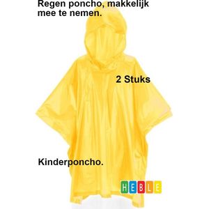 2x Kinder wegwerp Regenponcho - Makkelijk mee te nemen - Geel Poncho voor kinderen - van Heble®