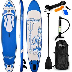 Physionics - Stand Up Paddle Board - 305cm - Opblaasbaar SUP Board - Verstelbare Peddel - Handpomp met Manometer - Rugzak - Reparatieset - Paddle Board - Surfboard - Blauw