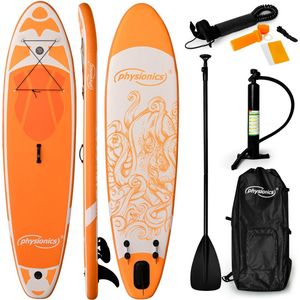 Physionics - Stand Up Paddle Board - 320cm - Opblaasbaar SUP Board - Verstelbare Peddel - Handpomp met Manometer - Rugzak - Reparatieset - Paddle Board - Surfboard - Oranje