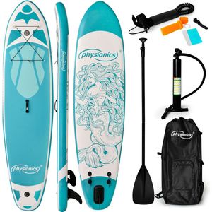 Physionics - Stand Up Paddle Board - 366cm - Opblaasbaar SUP Board - Verstelbare Peddel - Handpomp met Manometer - Rugzak - Reparatieset - Paddle Board - Surfboard - Mintgroen