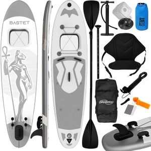 Physionics - Stand Up Paddle Board - 305cm - Opblaasbaar SUP Board met Kayak Zitting - Verstelbare Peddel - Handpomp met Manometer - Rugzak - Reparatieset - Camera Houder - Surfboard - Zilver