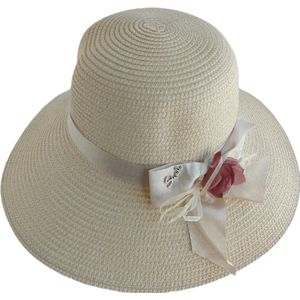 RAMBUX® - Zonnehoed Dames - Beige met Bloemenstrik - Rieten Strandhoed - Strohoed UV Werend - Hoed Vouwbaar - 58 cm