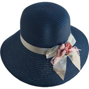 RAMBUX® - Zonnehoed Dames - Blauw met Bloemenstrik - Rieten Strandhoed - Strohoed UV Werend - Hoed Vouwbaar - 58 cm