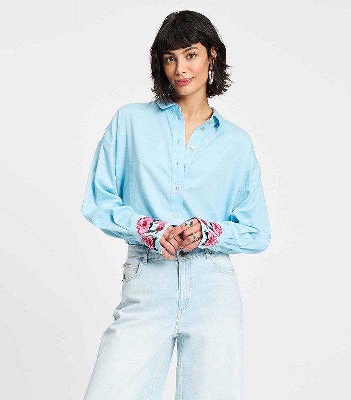 POM Amsterdam - Blouse - Lichtblauw - Katoen en Viscose - Lange Mouwen