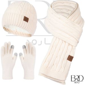 BRD® Winter | Winter set voor volwassenen Crème - gevoerde muts, sjaal en handschoenenwinterset unisex voor dames en heren 3 delig gebreid offwhite wit ivoor sneeuw
