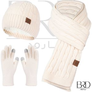 BRD Winter set voor volwassenen Crème - gevoerde muts, sjaal en handschoenenwinterset unisex voor dames en heren 3 delig gebreid offwhite wit ivoor sneeuw