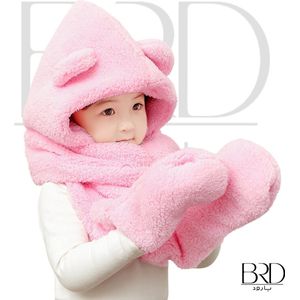 BRD Wintermuts Teddy All-in-one Roze - Muts, sjaal en handschoenen in één voor kinderen - unisex baby kind gevoerd