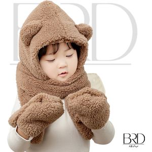 BRD Wintermuts Teddy All-in-one Bruin - Muts, sjaal en handschoenen in één voor kinderen - unisex baby kind gevoerd