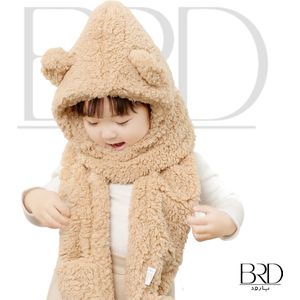 BRD Wintermuts Teddy All-in-one Beige - Muts, sjaal en handschoenen in één voor kinderen - unisex baby kind gevoerd