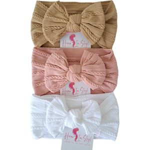 Haar in Stijl® Haarband Heidi 3 pack - Brede en zachte baby haarband met een strik - wit roze beige
