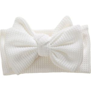 Haar in Stijl® Haarband Hiba Wit - Brede en zachte baby haarband met een strik - meisjes haaraccessoires - winter dik stof breed geribbeld gebreid wafelstof wafel patroon wafelhaarband