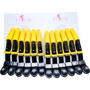 Haar in Stijl® | 12 stuks Geel Lange Krokodillen Haarklem Geel Zwart Duck Bill Extra Sterk voor Dik Haar Clips Extra Strong Crocodile Alligator Hairclips Verdeelklem