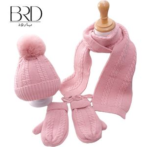 BRD® Winter | set voor kinderen Roze - gevoerde muts, sjaal en handschoenen wanten met touw - kind winterset gebreid gevoerd met pompon - 3 delige set