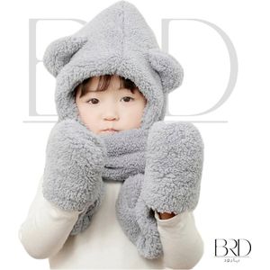 BRD® Winter | Wintermuts Teddy All-in-one Grijs - Muts, sjaal en handschoenen in 1 voor kinderen