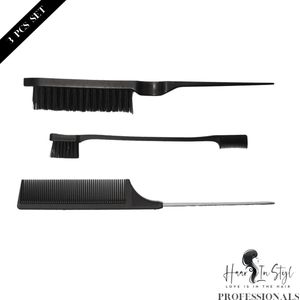 Haar in Stijl® Professionals | Zwarte Kammen Set van 4 | Edge Brush Toupeerborstel Puntkam Wide Detangle Comb | wijde kam kammenset kamset kappers essentials kapperskam haaraccessoires basic set wenkbrauw borstel side burn brush babyhaar zwart