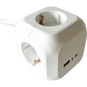 BRASQ Stekkerdoos met USB - 4-voudig incl. 1 USB en 1 USB-C - Powercube Wit - Stekkerblok - Verdeelstekker - Reisstekker -  1,4 meter