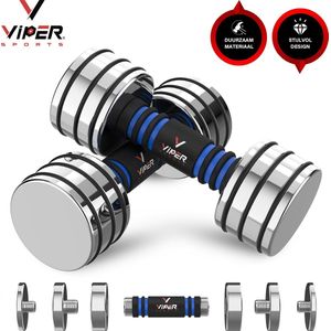 Viper Sports Verstelbare gewichten 2 x 10 kg – Dumbbells – Dumbells set – Anti-slip – Mirror finish - RVS/Foam – Steel Blue
