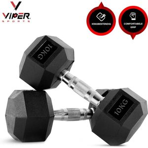 Viper Sports Iron Black Gewichten 2 x 10 kg – Dumbbells ��– Dumbells set – Anti-slip – Zeshoek design – Hexagon-Design - RVS/Rubber – Zilver/Zwart