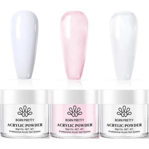 Born Pretty - Acrylpoeder - 3 x 30 ml - Acryl poeder - Acryl poeder wit - Acrylpoeder set - Acrylpoeder babyboom - Acryl poeder roze - Acryl poeder clear - Acryl poeder transparant - Acrylic powder -Acrylic nail kit - Acylic poeder set - Acrylic set