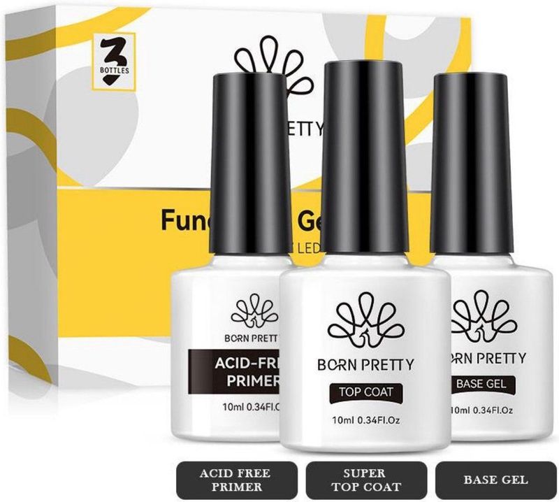 Born Pretty - 3 x 10 ml - Primer - Basecoat - Topcoat - Gellak starterspakket - Gellak set - Gelpolish - Gellak base en topcoat - Acid free primer - Primer - Primer nagels - Primer gelnagellak - Primer gellak - Gellak nagellak - Base coat