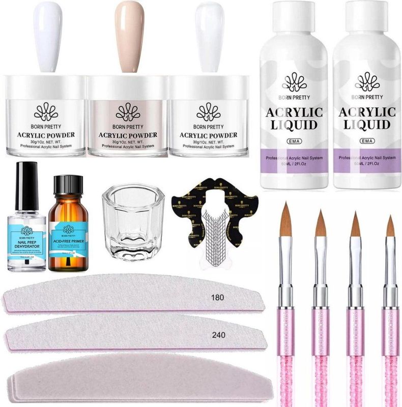 Nagellak - Acrylset - 3x Acrylpoeder 30 ml - 2x Acrylvloeistof 60 ml - 50x Nagelsjablonen - 4x Penselen - Nagelriemduwer