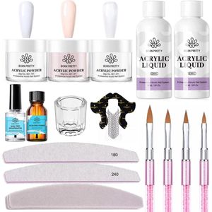 Nagelset - 3x Acrylpoeder (30 ml) - 2x Acrylvloeistof (60 ml) - 50x Sjablonen - 4x Penselen - 1x Nagelriemduwer