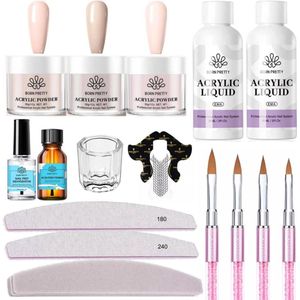 Kunstnagels - Acrylset - 3x Acrylpoeder 30 ml - 2x Acrylvloeistof 60 ml - 50x Nagelsjablonen - 4x Penselen - 1x Nagelriemduwer