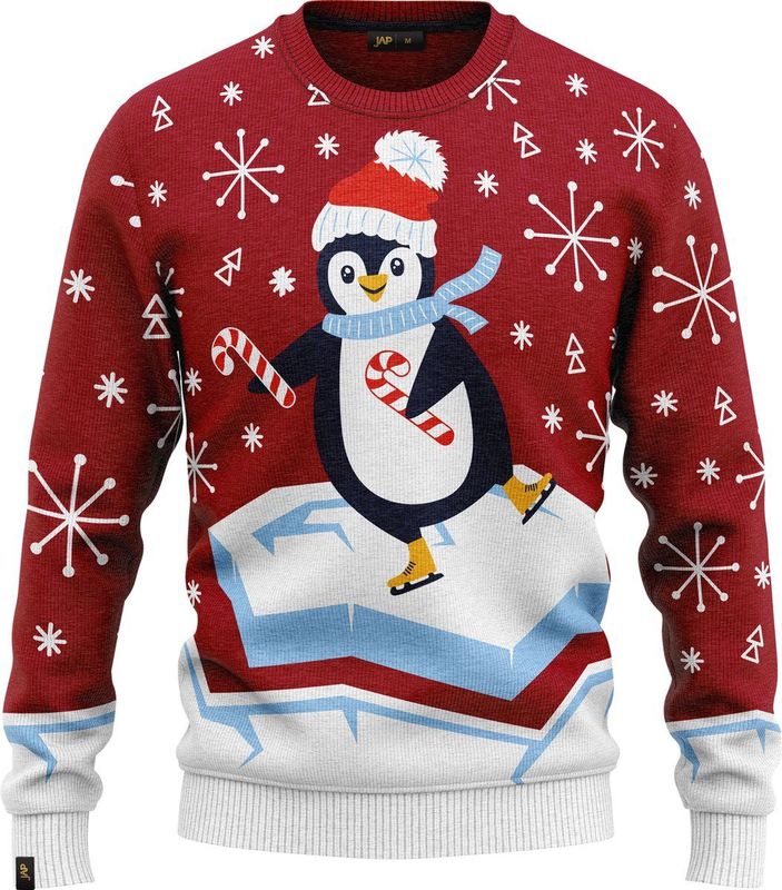 JAP Christmas - Foute Kersttrui - Schaatsende Pinguïn - Rood - Katoen