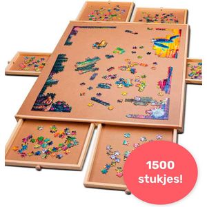 Draaibaar Puzzelbord met Opbergsysteem - 6 lades - 1500 stukjes - Houten - Puzzeltafel - Puzzelplank - Puzzelmap - Portapuzzle - Puzzelplaat - Incl. Bescherm cover - Puzzel - mat - Koffer - Sorteerbakjes