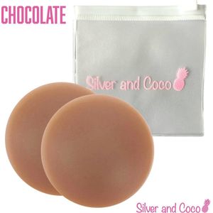 SilverAndCoco® - Tepelplakkers herbruikbaar / Zelfklevende Invisible Tepelcovers Nipple Covers / Onzichtbare Siliconen Tepel bedekkers BH Pads Silicone Nipple Stickers Dun - 2 stuks (1 set) met tasje / Donkere Huid - 8cm