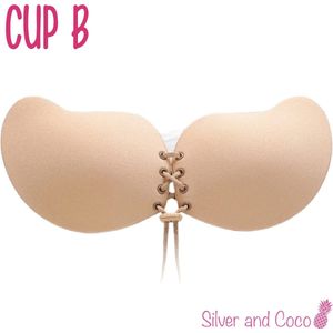 SilverAndCoco® - Push up Plak BH herbruikbaar veter sluiting / Zelfklevende Invisible bh met vetersluiting / Onzichtbare Siliconen Tepel bedekkers BH Pads Silicone Nipple cover Strapless boob lift - Nude / Beige - Cup B