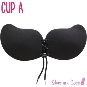 SilverAndCoco® - Push up Plak BH herbruikbaar veter sluiting / Zelfklevende Invisible bh met vetersluiting / Onzichtbare Siliconen Tepel bedekkers BH Pads Silicone Nipple cover Strapless boob lift - Zwart - Cup A
