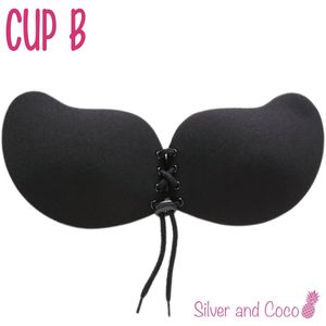 SilverAndCoco® - Push up Plak BH herbruikbaar veter sluiting / Zelfklevende Invisible bh met vetersluiting / Onzichtbare Siliconen Tepel bedekkers BH Pads Silicone Nipple cover Strapless boob lift - Zwart - Cup B
