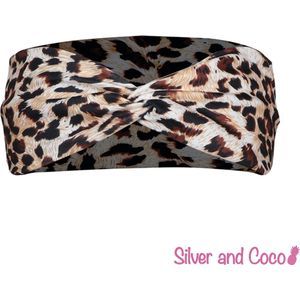 SilverAndCoco® - Gedraaide Haarband Festival Strik Dikke Fluffy Elastische Hoofdband Gedraaid / Geribbelde Brede Boho Vrolijke Zomer Haarbanden Dames / Elastische Meisjes Make up Knoop Bandana Breed - Tijgerprint / Panterprint