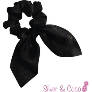 SilverAndCoco® - Scrunchie Wokkel met Strik Elastiek Haarband Festival Scrunchies / Brede Haarstrik Haarelastieken met Lint Dames / Elastische Zwarte Haarbanden - Zwart