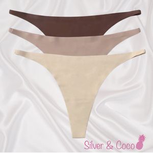 SilverAndCoco® - 3 Stuks Naadloze Strings / Seamless String Onderbroek Dames / Zacht Brazilian Slipje / Naadloos Stretch Ondergoed Vrouw / Strings Dames Lingerie Broekje Slip Black - Nude / Camel / Beige Small