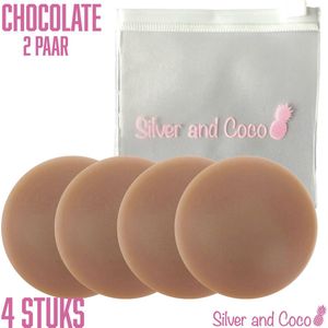 SilverAndCoco® - 2 Paar (4 stuks) Tepelplakkers herbruikbaar / Zelfklevende Invisible Tepelcovers Nipple Covers / Onzichtbare Siliconen Tepel bedekkers BH Pads Silicone Nipple Stickers Dun - 4 stuks (2 sets) met tasje / Donkere Huid - 8 cm