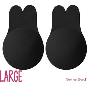 SilverAndCoco® - Push up Plak BH Bunny herbruikbaar / Zelfklevende Invisible tepelplakkers / Onzichtbare Siliconen Tepel bedekkers Konijn BH Pads Silicone Nipple cover Strapless boob lift - Zwart - Maat Large