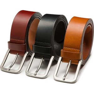 Leren heren riem Mason - multipack - zwart, bruin & cognac - 4cm breed - Jeans riem - Nikkelvrije gesp - Riemmaat: 105 cm (Lengte riem: 120 cm)