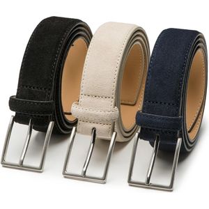 Suede heren riem Bobby - multipack - zwart, beige & blauw - 3,5cm breed - Pantalon & Jeans riem - Nikkelvrije gesp - Riemmaat: 115 cm (Lengte riem: 130 cm)