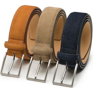 Suede heren riem Bobby - multipack - cognac, blauw & taupe - 3,5cm breed - Pantalon & Jeans riem - Nikkelvrije gesp - Riemmaat: 105 cm (Lengte riem: 120 cm)