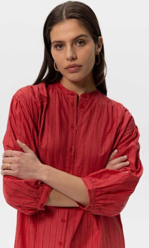 Shirtjurken - Rood - Katoen - Midi Lengte - Doorknoopsluiting - Strikceintuur