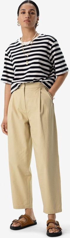 Beige - Katoenen Bandplooibroek - Mid Waist - Cropped Model