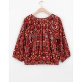 Imprimétops - Donkerrood - Top - Driekwart Raglan Pofmouwen - Ronde Hals - Ikat Print