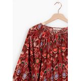 Imprimétops - Donkerrood - Top - Driekwart Raglan Pofmouwen - Ronde Hals - Ikat Print