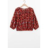 Imprimétops - Donkerrood - Top - Driekwart Raglan Pofmouwen - Ronde Hals - Ikat Print