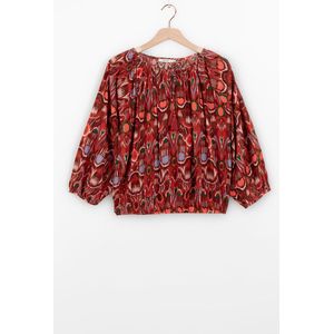 Imprimétops - Donkerrood - Top - Driekwart Raglan Pofmouwen - Ronde Hals - Ikat Print